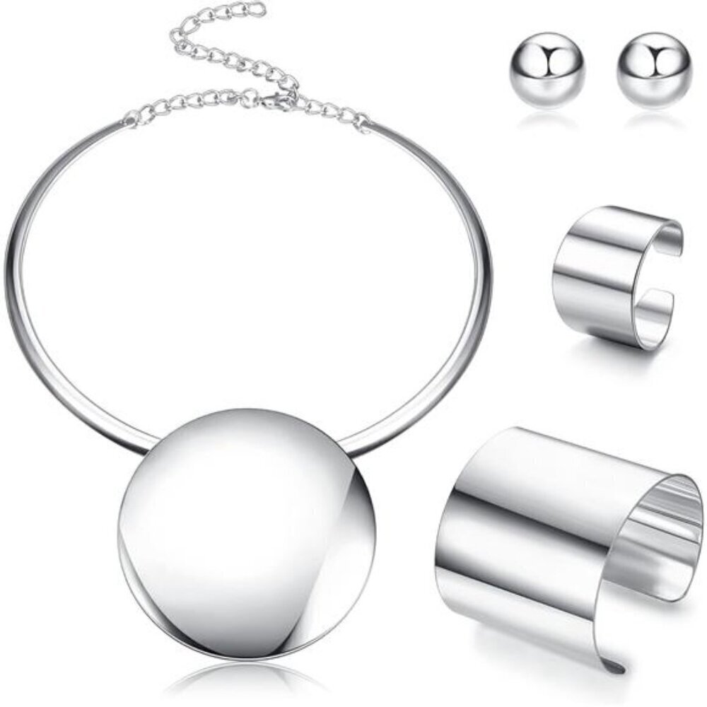 Bohemian Silver Statement Jewelry Set – Collar Necklace, Cuff & Stud Earrings
